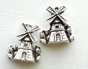 6 breloques moulin à vent ton argent, breloque hollandaise, breloque vacances, breloque de voyage - ton bronze disponible