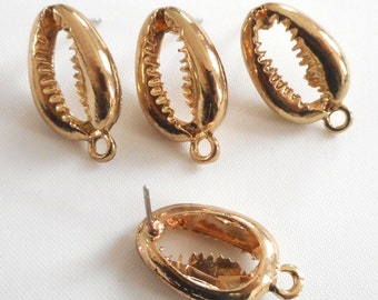 4pcs, 2 Pairs-gold tone Sea shell Earring Post w/ 1 loop, 22mmX12mm seashell earring post
