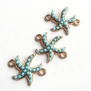 4pcs-2 loops gold tone blue Sea Star earring connector, bracelet connector