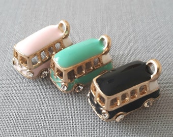 2pcs-3D enamel Bus Charm w/ clear Rhinestone-pick the color