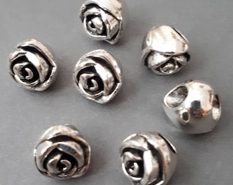 6pcs-4mm big hole beads,  silver tone rose flower metal beads