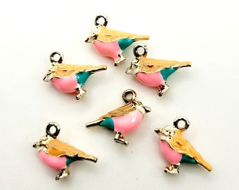 4pcs-3D enamel Pink Green Bird charm 17mmX14mm