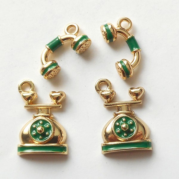 4pcs- 3D gold tone enamel green telephone charm-more colors