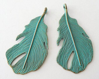 2pcs-large feather pendant, patina brass tone feather charm, minimalist earrings