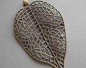 3" Grand pendentif feuille en filigrane de ton bronze