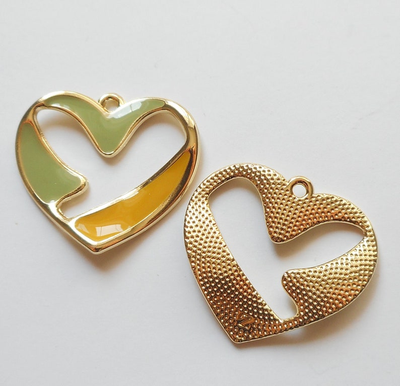 2pcs-30mmX26mm gold tone enamel yellow green abstract heart charm