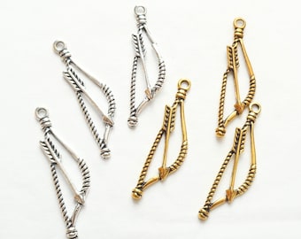 6pcs-38mmX10mm bow arrow charm-pick gold or silver