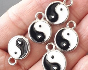 4pcs-2 sided enamel white black Yinyang round tag charm, silver tone Tai Ji charm