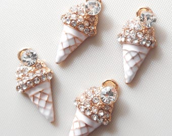 4pcs-gold tone enamel white ice cream charm, rhinestone earring charm- more colors