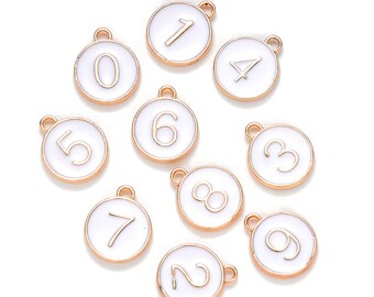 0-9 number set-2 sided round tag charm-1 loop gold tone enamel White number charms-more colors