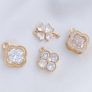 2pcs- 14K gold plated brass clover charm w/ Cubic Zirconia-pick the style