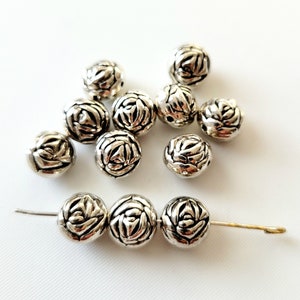 6pcs- silver tone rose flower metal beads, flower space beads, weighted beads