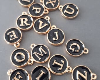 26 Alphabet Letters set-2 sided round tag charm-1 loop gold tone enamel black letter Personalized charms