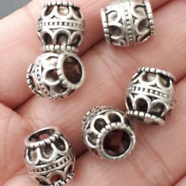 6pcs-4mm perles de gros trou, perles de canon de 10mmX10mm silver tone grand trou