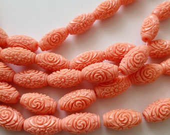 6pcs-20mmX11mm carved pink Coral spacer beads, pink Coral barrel beads