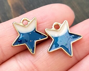 4pcs-gold tone enamel Blue White star charm,glittering charm