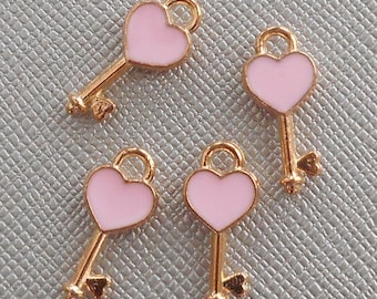 6pcs-gold tone enamel pink Key Charm, enamel pink heart charm-more colors