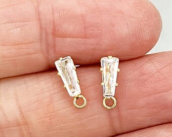 2pcs, 1 Pair- Cubic Zirconia gold plated brass Earring Post w/ 1 loop