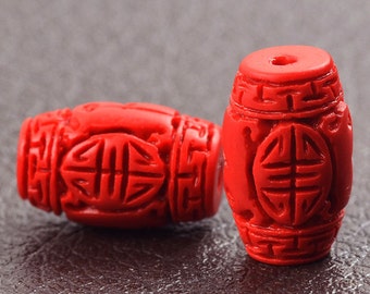 6pcs- Carved Red Cinnabar barrel beads, focal beads set