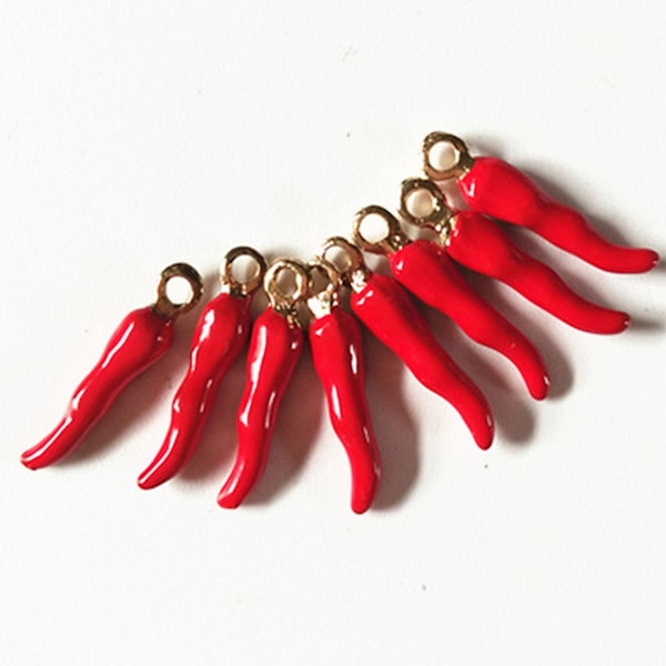 6 pièces piment rouge émaillé avec boucle dorée, breloques de boucle d'oreille poivron rouge 20mmX4mm