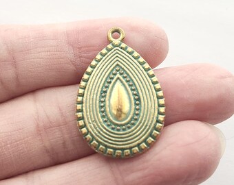 2pcs Boho Teardrop Pendant Charm, Tribal Bohemian Drop Pendant, Antique Gold Patina Charm, Boho Jewelry Making Supply, Earring Pendant 29mm