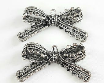 Large Silver Lace Bow charm, Filigree Lace Pendant, Jewelry Making Supply- 2pcs