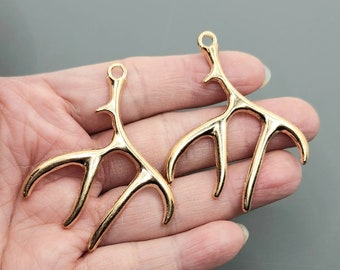 2pcs-Large Deer Horn charm, gold tone Antler charm, minimalist earrings