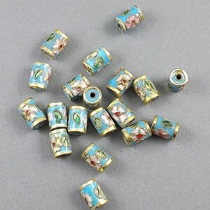 8pcs-11mmx7mm Light blue pink Cloisonne floral tube beads image 3