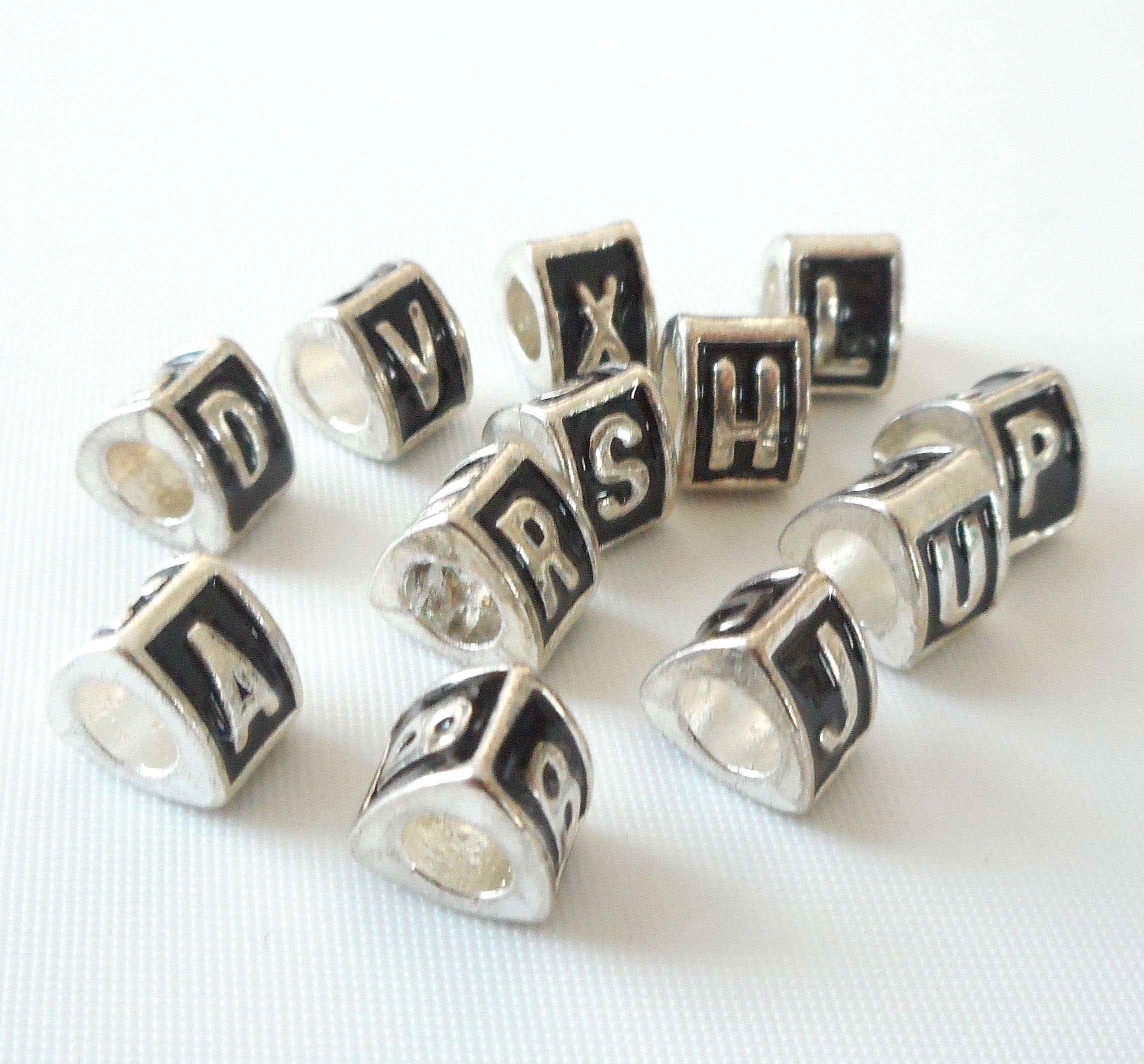 Pick Letter-26 Alphabet Letters-3 Sides Antique Silver Charm beads,big Hole Metal Beads