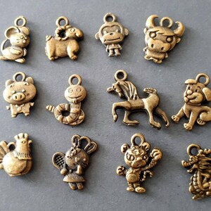 Set da 12 pezzi: 12 ciondoli dello zodiaco cinese, ciondoli dello zodiaco cinese su 2 lati color bronzo, disponibili in argento