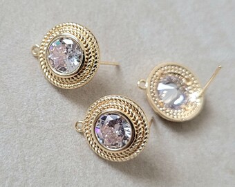 2pcs, 1 Pair-gold plated brass Cubic Zirconia round Earring Post w/ 1 loop 17mmX15mm