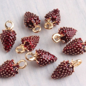 6pcs-3D gold tone enamel Strawberry charm, fruit charm