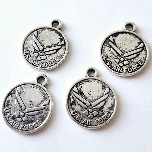 6pcs- 2-sided silver tone US Air Force round charm, silver tone round tag charm, Army charm