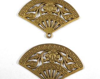 4pcs-2 sided bronze tone filigree Fan charm, Oriental fan charm