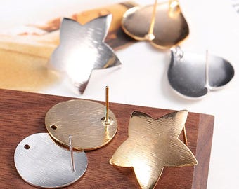 4pcs, 2 Pairs Brass Base Stud Earring Post with 1 loop for dangling, Earring Making Supply, Earring Findings