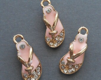 2pcs-enamel gold tone pink slippers charm w/ Rhinestone-enamel pink shoe Charm-more colors