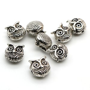 6pcs-Owl metal beads-silver tone beads, animal beads