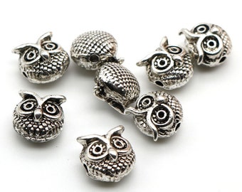 6pcs-Owl metal beads-silver tone beads, animal beads