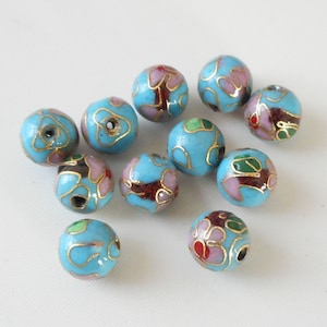 6pcs-10mm Light blue pink Cloisonne floral beads