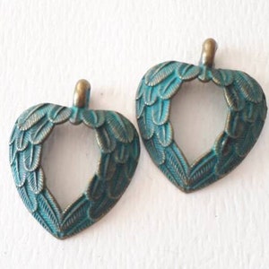 2pcs-1.25&quot; Patina Angel wing heart charm, wing charm