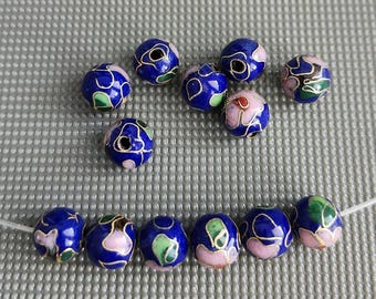 6pcs-10mm Royal blue & Pink Cloisonne floral round beads