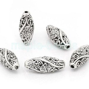 4pcs-15mmX8mm antique silver carved filigree Flower Oval Beads, Tibetan silver long bicone beads