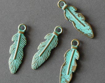 8pcs-patina brass feather charm, Charm for earrings, bracelet charm