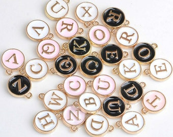 Pick letter & color-26 Alphabet Letters set-2 sided round tag charm-1 loop gold tone enamel letter charms