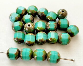 10pcs-faceted Czech Glass beads for jewelry making, Turquoise green beads supplies