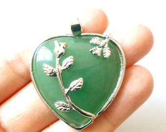 Natural Green Aventurine Heart Pendant with Silver Leaf Frame, Healing Gemstone Pendant, Heart Chakra Jewelry, Boho Crystal Necklace Pendant