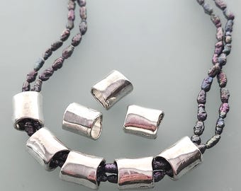 Silver Large Hole Tube Beads for Jewelry Making, Curved Barrel Slider, Leather Cord Spacer-5pcs