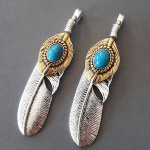 1pc- Large feather charm pendant w/ big hole -green Turquoise large Feather charm pendant