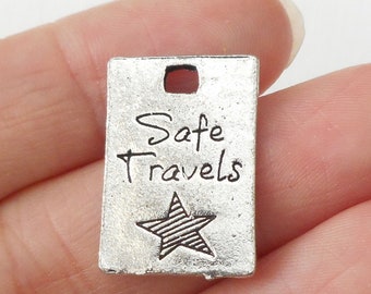 6pcs-2 sided silver safe travels charm-silver tone rectangle tag charm