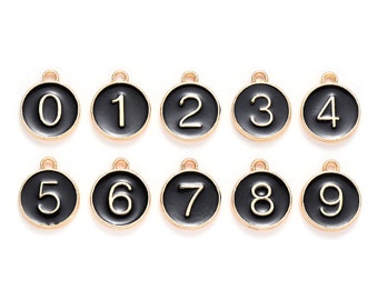 Set of 10 number charms-2 sided gold tone enamel Black number charms-more colors